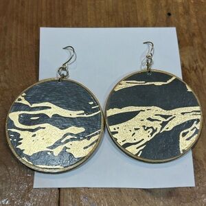 Large Dark Gray and Gold Marbled Look Round Wooden Dangly Earrings